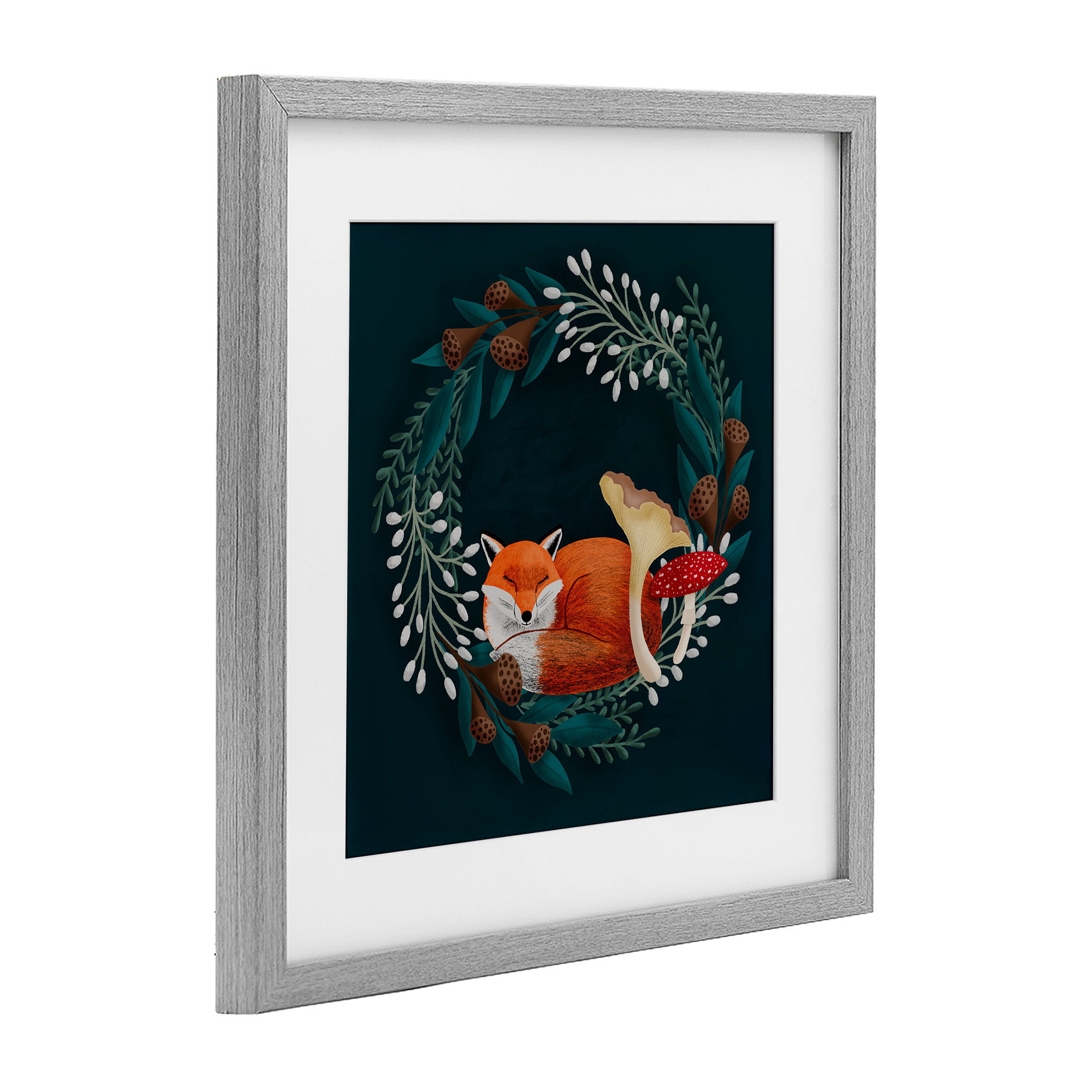 Sleepy Fox in Botanical Wreath Gray Framed Print Under Glass, design by Metka Hiti