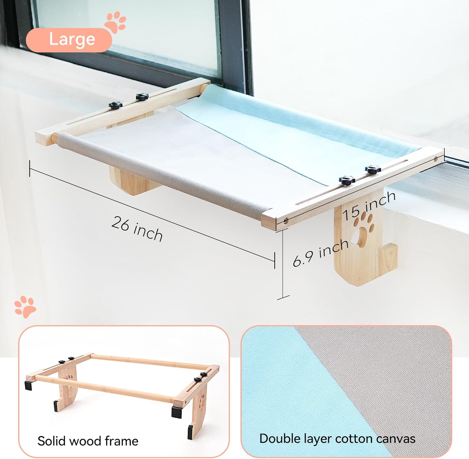 Liraviva Cat Window Perch – Breathable Canvas Hammock for Big Cats – Adjustable, No Drill Window Bed (Large, Blue Gray)