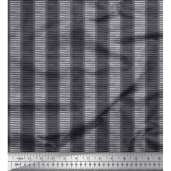 Soimoi Crepe Silk Fabric Stripe Block Printed Fabric 1 Yard 42 Inch Wide