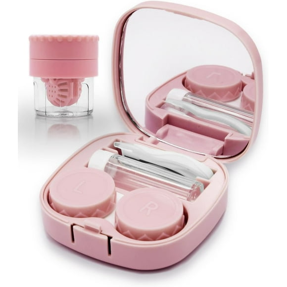 HWZWT Contact Lens Case with Cleaner Washer, Travel Size Cute Colored Contact Lenses Applicator Removal Tool Kit with Mirror Solution Bottle for Daily Outdoor (Pink)