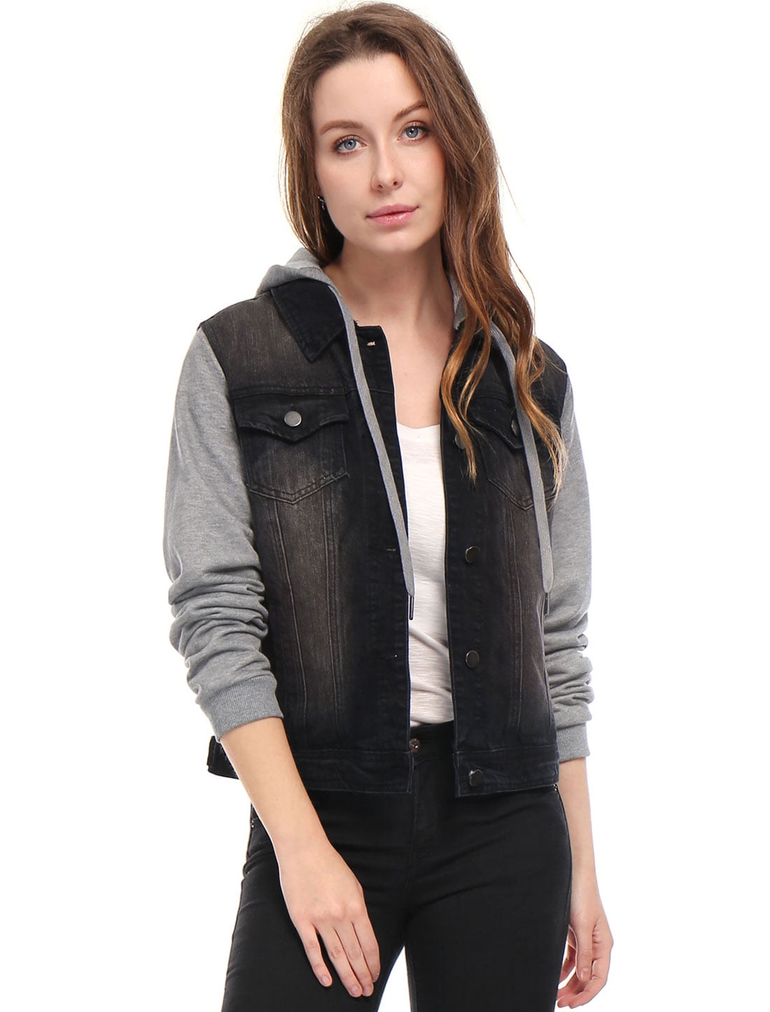 Unique Bargains Women Layered Drawstring Hood Denim Jacket w Pockets