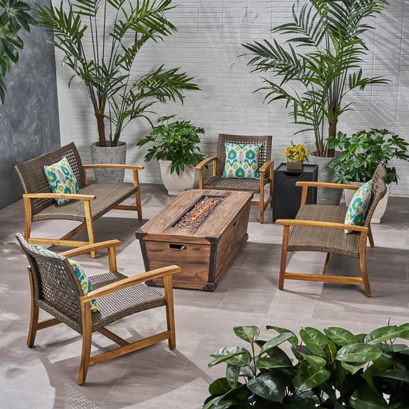 Noble House Hampton Outdoor 4 Pc Chat Set w/ Fire Pit Mocha