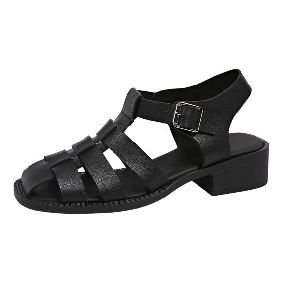 Rokment Women's Gladiator Dressy Sandals Roman Vintage Casual Hollow out Leather Closed Toe Chunky Block Mid Heel Fisherman Comfortable Walking Dress Summer Shoes Black Size 6