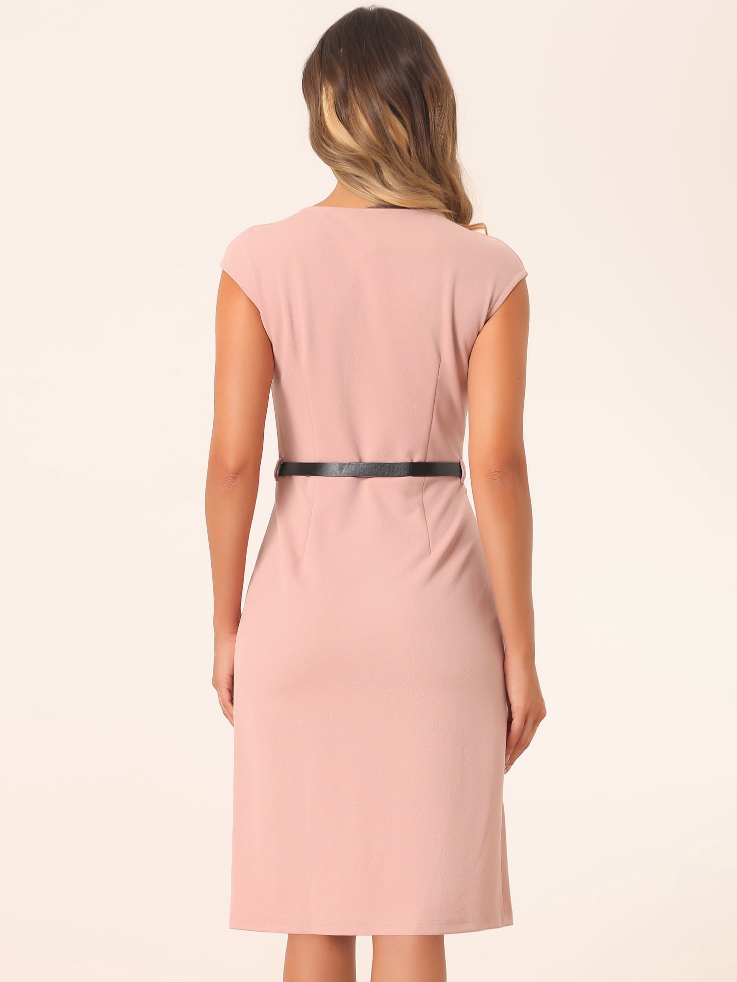 DARING DIVA Elegant Round Neck Cap Sleeve Belted Work Sheath Dresses XS Pink
