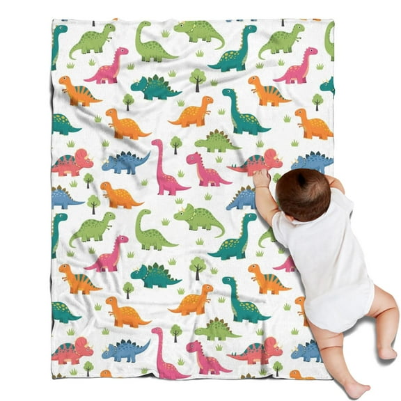 White Cartoon Dinosaurs Trees Pattern Blanket,Comfortable Soft Flannel Throw Blanket,All Season,Warm Lightweight Blankets for Sofa Bed Couch Living Room Chair,30"x40"