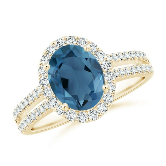 ANGARA Natural Oval 2.25 ct London Blue Topaz Split Shank Ring with Diamonds in 14K Yellow Gold for Women (Size-9x7mm) | November Birthstone Jewelry for Women | London Blue Topaz Ring (Ring Size- 7.5)