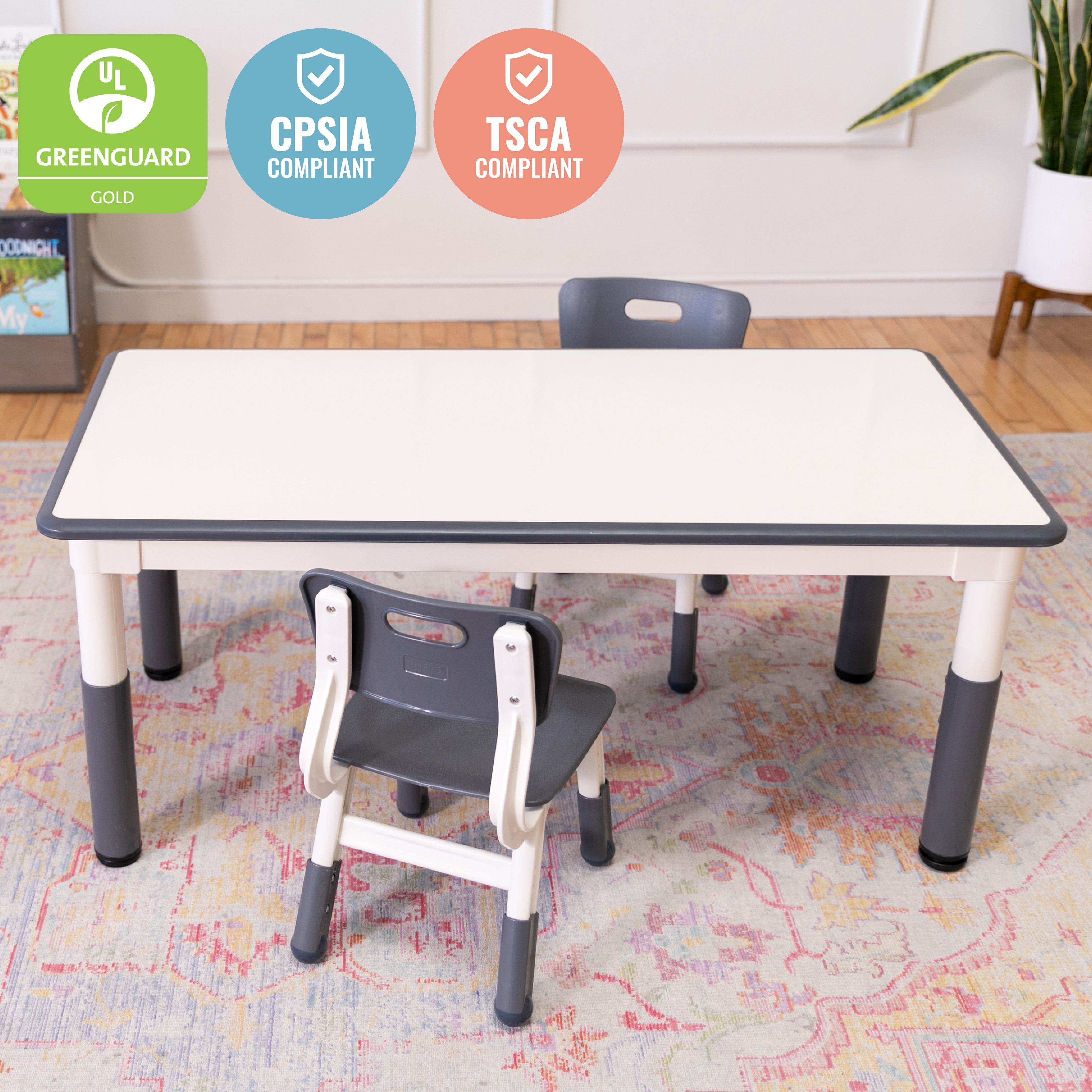 ECR4Kids Dry-Erase Rectangular Activity Table with Two Chairs, Kids Furniture, Grey, 3-Piece