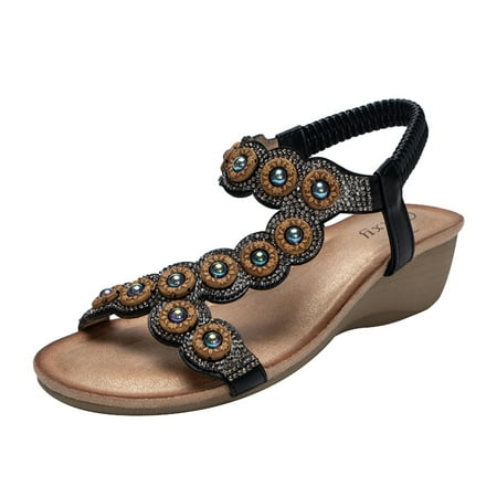 

SEMIMAY Breathable Shiny Beaded Flat Sandals Slip On Summer Sandals For Women And Ladies Rubber Soft Sole Women Sandals