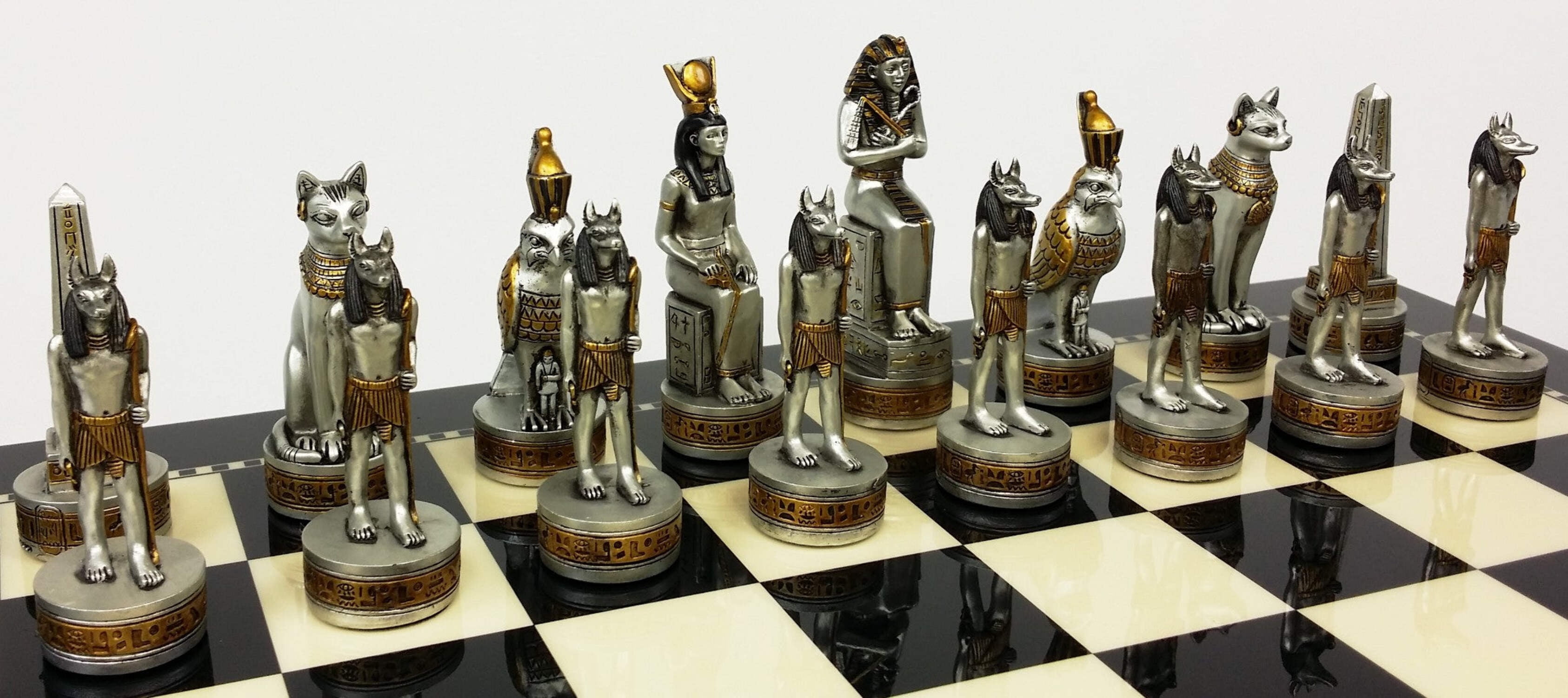 Egyptian Anubis Chess Set Black Silver  Gold W/ 15" Black  White Gloss Board