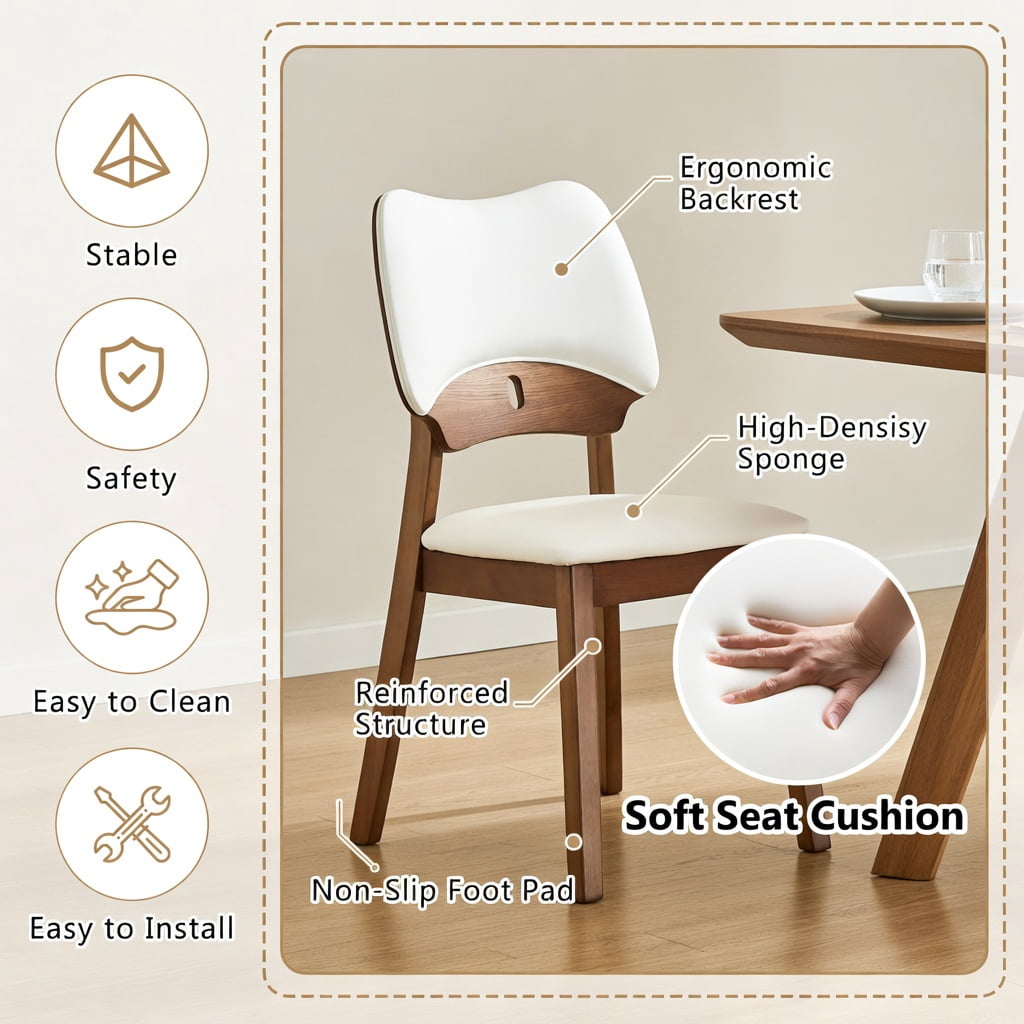 Hommoo 2-Pack Solid Wood Dining Chairs with PU Upholstered Seat & Backrest, Ergonomic Hollowed-Back Design for Modern Home Dining, Beige & Walnut