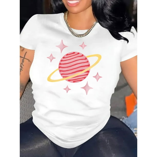 Camiseta informal con estampado "Candy Planet" para mujer: cómoda camiseta de manga corta con cuello redondo, perfecta para verano y deportes. Ideal para el tiempo libre.