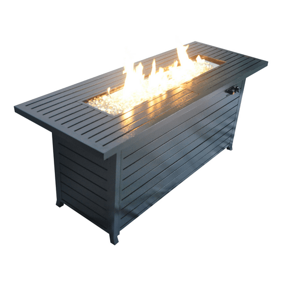 57in Outdoor Gas Propane Fire Pits Table, Aluminum, 50000BTU Firepit Fireplace Dinning Table with Lid, Fire Glass, Retangular, ETL Certification, for Garden Backyard Deck Patio-hammered black 41752