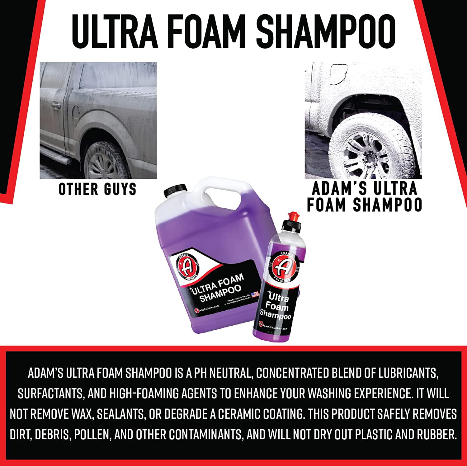 Adam's Car Wash Shampoo - pH Neutral Soap Formula For Safe, Spot Free  Cleaning - Thick, Luxurious Foam Suds That Always Rinse Clean - Ultra Slick  Formula That Wont Scratch or Leave