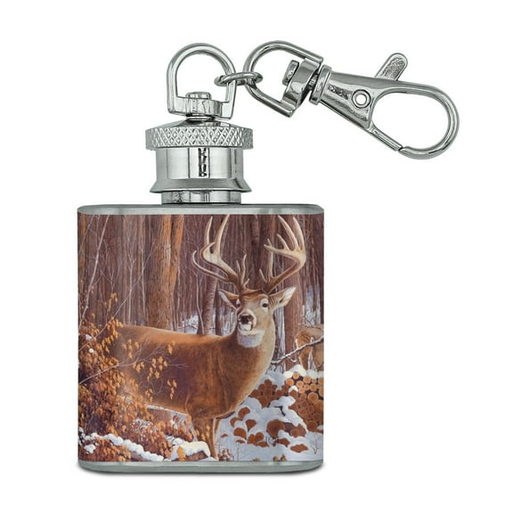 Deer Behind Cabin at Woodpile Stainless Steel 1oz Mini Flask Key Chain