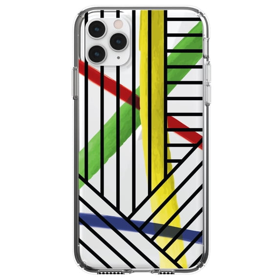 DistinctInk Clear Shockproof Hybrid Case for iPhone 13 PRO (6.1" Screen) - TPU Bumper, Acrylic Back, Tempered Glass Screen Protector - Abstract Lines and Paint Swatches
