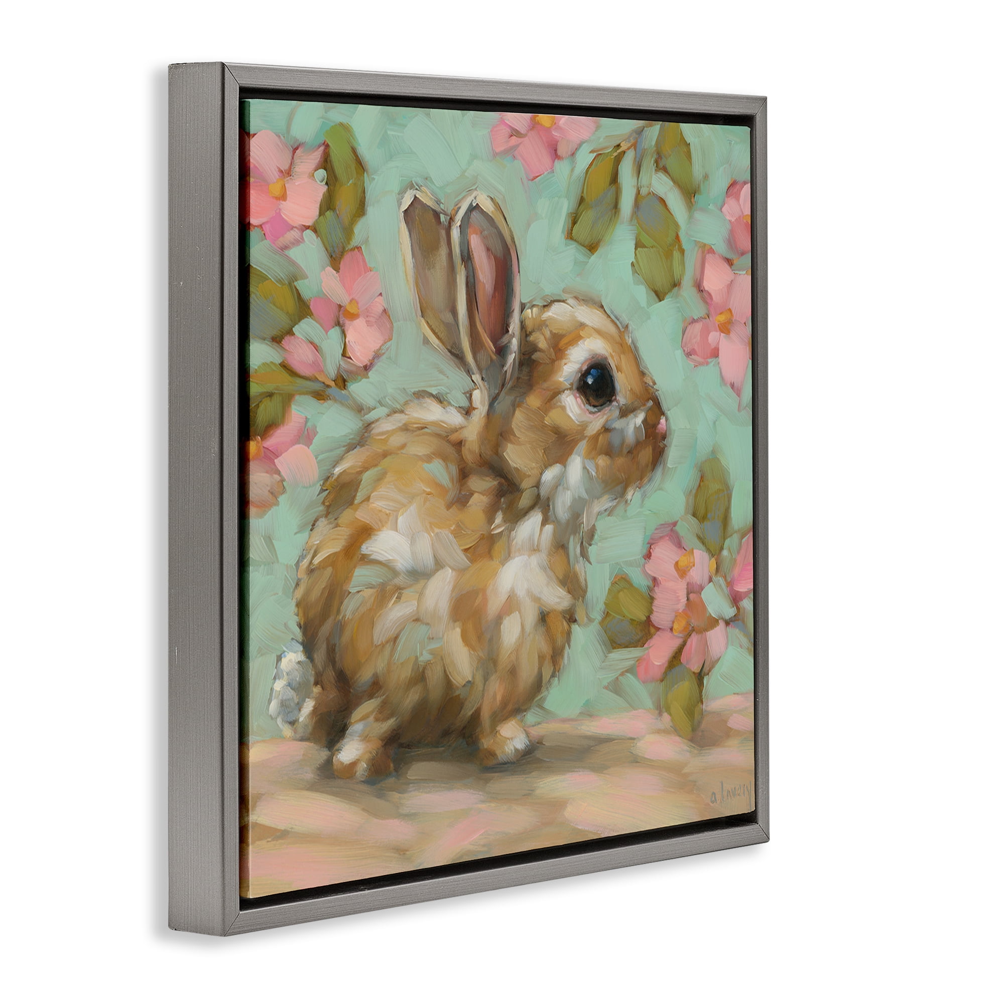 Stupell Industries Baby Bunny & Florals Animals Painting Gray Floater Framed Canvas Art Print Wall Art, 25 x 25