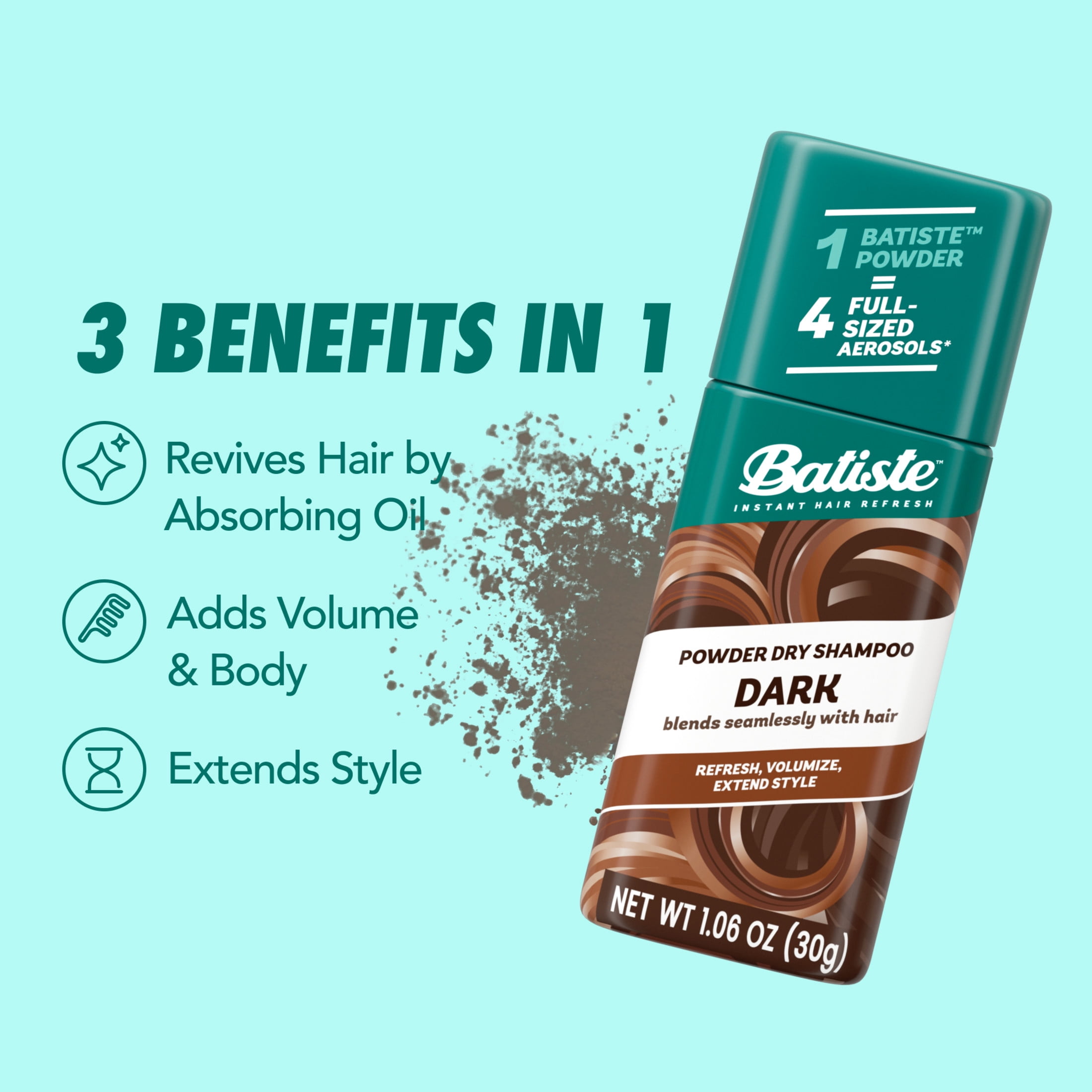 Batiste Powder Dry Shampoo, Oil-Absorbing, Non-Aerosol, Blends Seamlessly for Dark Hair, Instant Hair Refresh, TSA Compliant (1.06 oz)