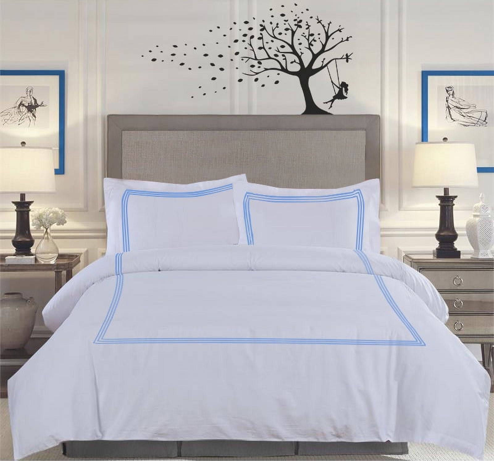MISR LINEN 400 Thread Count Egyptian Cotton Twin Size 3-Piece DuvetCover Set with 3 Line Embriodery Zipper Closer & Corner Ties (1 Duvet Cover & 2 Pillow Sham), Light Blue Solid