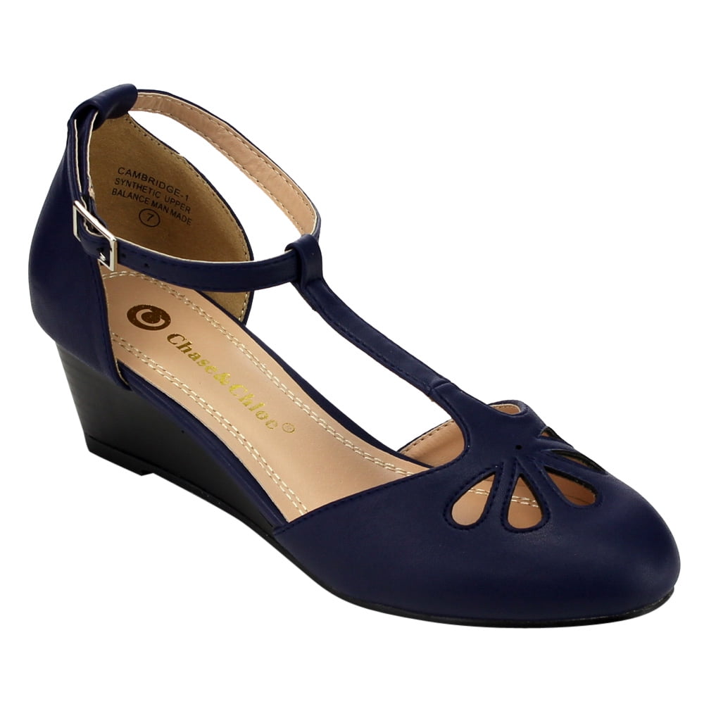 Chase & Chloe - Chase & Chloe EC76 Women's Cut Out T-Strap Ankle Wraped Mid Wedge Pumps
