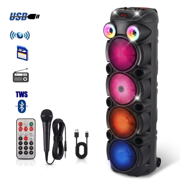 Lohoms 42.5" Bluetooth Speaker with 4x8" Woofers, 1,0000 W Peak Large Party Speaker with Mic, RGB Lights, Rolling Wheels, TWS, FM for Backyard Outdoor Party