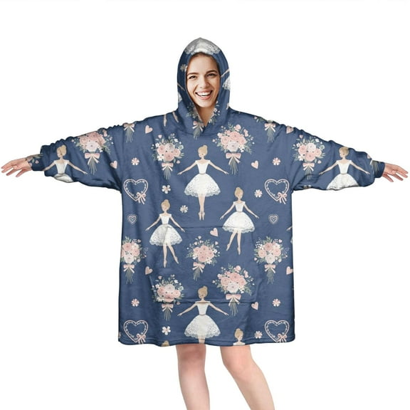 Dark Blue Ballerina Flower Pattern Wearable Oversized Blanket,Wearable Blanket Hoodie for Adults,Cozy Hooded Blankets with Super Pockets,Super Warm Fuzzy Pullover for Women & Men