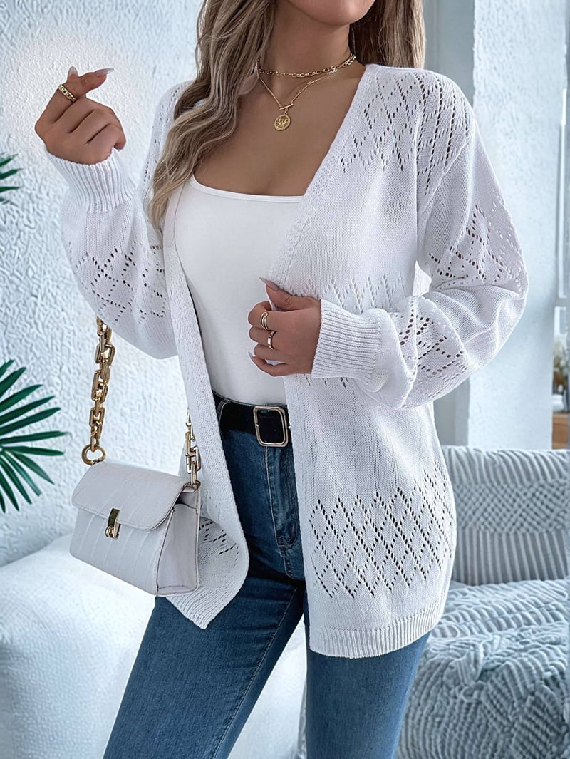 Womens Summer Crochet Cardigan Long Sleeve Light-Weight Casual Knit Sweaters White M