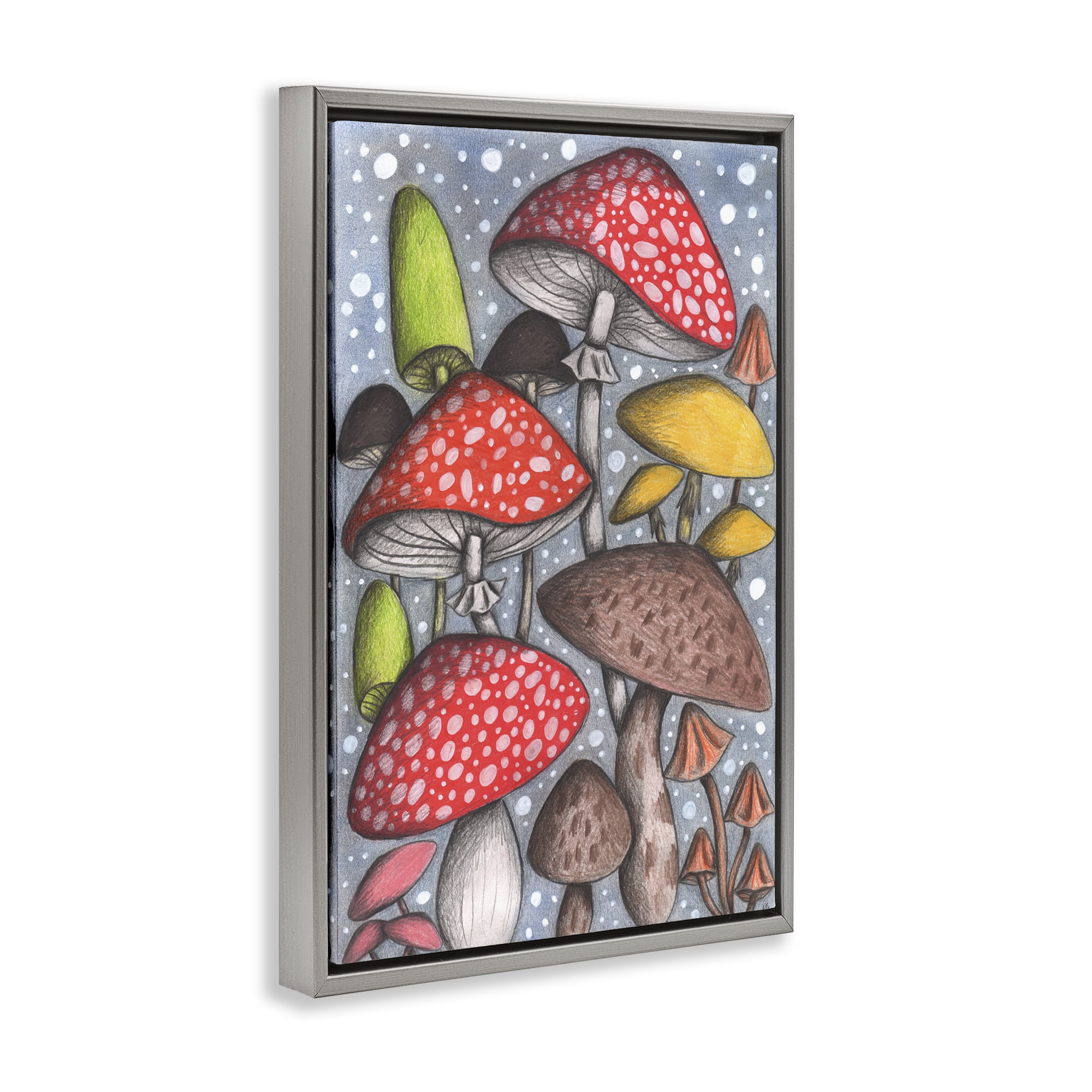 Sketched Magical Mushrooms Gray Framed Floater Canvas Wall Art, design by Cecilia Battaini