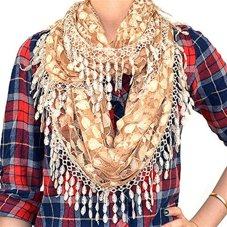- Lace Infinity Loop Scarf with Melon Seed Fringe (Beige)