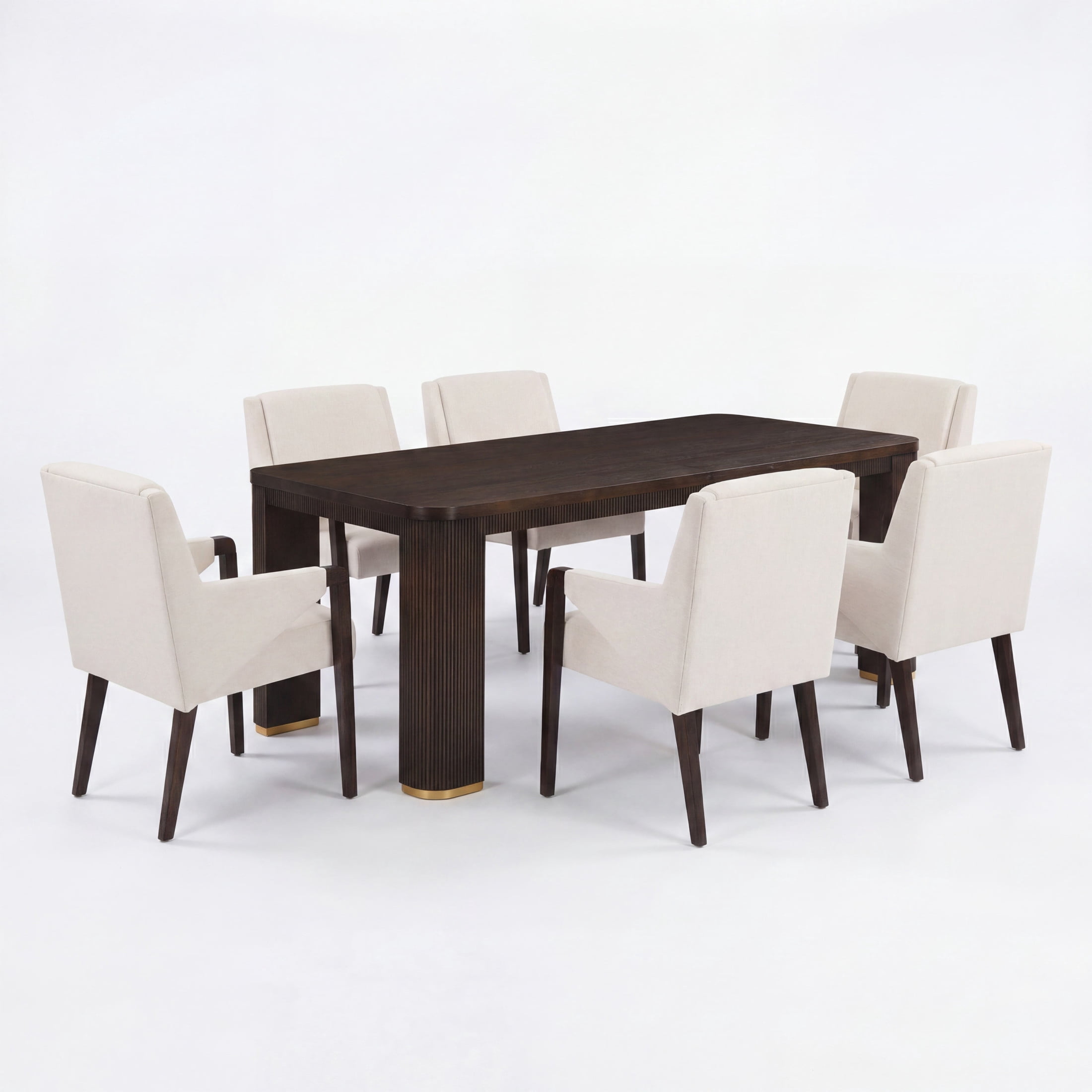 Christopher Knight Home 7-Piece Mid Century Dining Set, 90" Table with Upholstered Chairs, Espresso+Dark Walnut+Linen