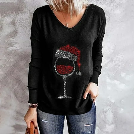 

Women s Christmas Wine Glass Print Shirts Casual Round Neck Long Sleeve Comfy T-shirt Ladies Pullover Blouse Top Fashion Casual Comfy Long Sleeve Fall Winter Blouse Tops