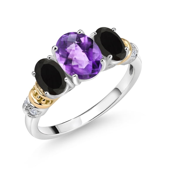 Gem Stone King 925 Sterling Silver and 10K Yellow Gold Oval Purple Amethyst Black Onyx and White Diamond 3 Stone Ring for Women (2.03 Cttw, Gemstone February Birthstone, Size 6)