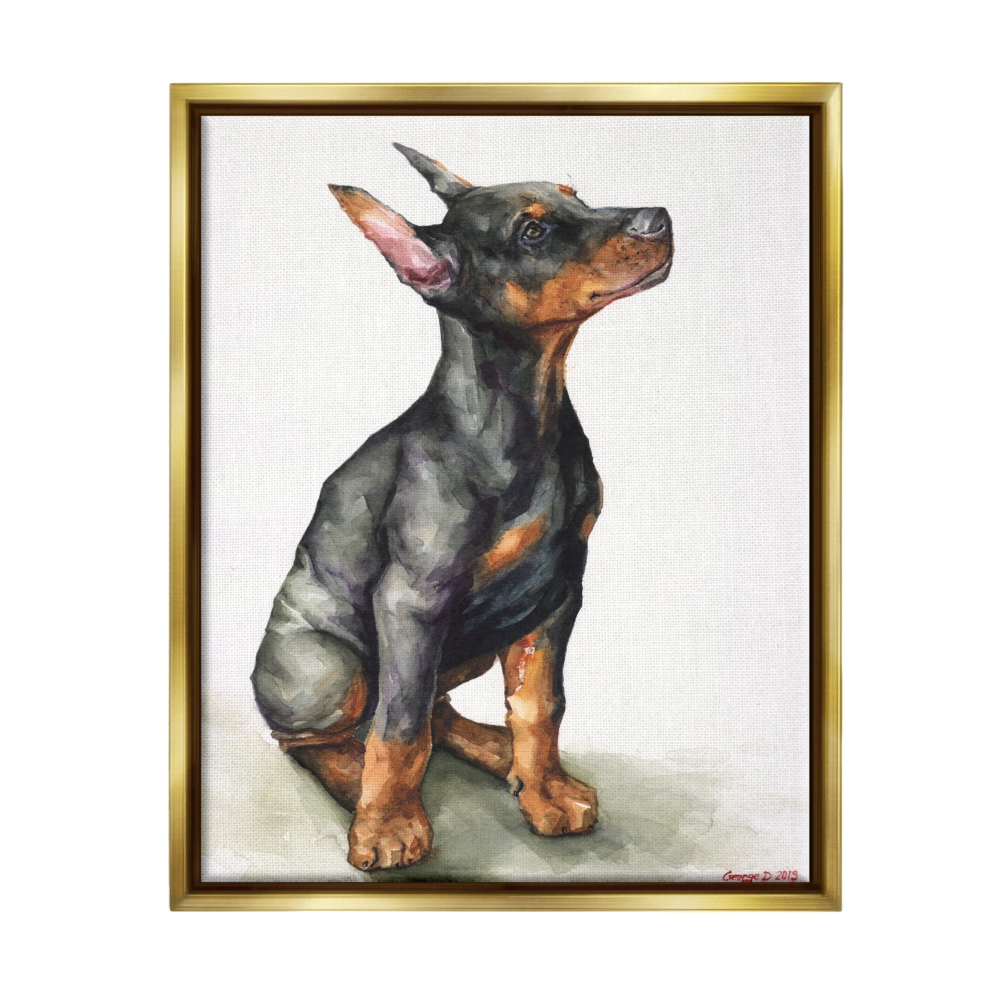Stupell Industries Doberman Puppy Dog Pet Animal Watercolor Painting Metallic Gold Framed Floating Canvas Wall Art, 24x30, by George Dyachenko