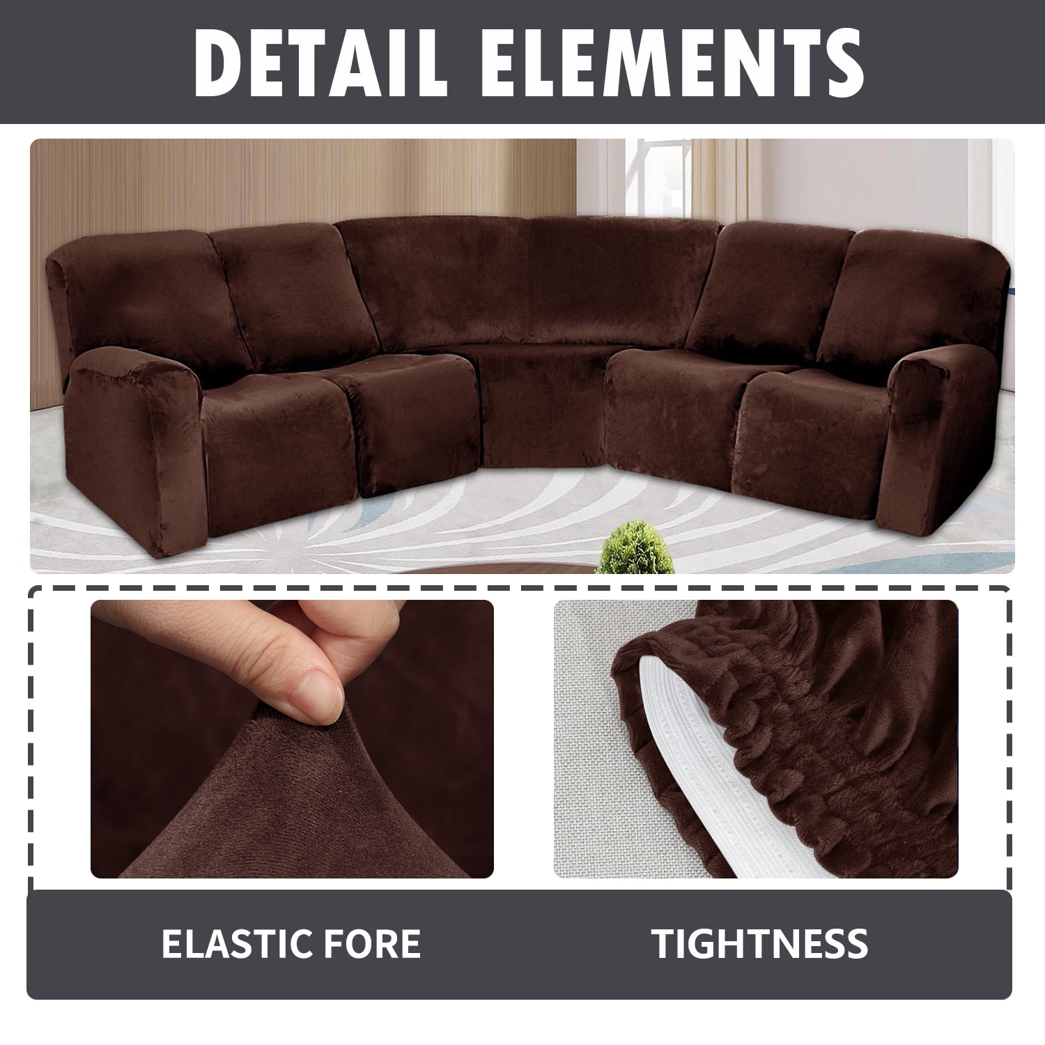 Eurhowing 5 Seat Recliner Sofa Cover, Soft Velvet Stretchable L-Shaped Sectional Couch Slipcovers, Corner Reclining Sofa Covers Furniture Protector, Brown