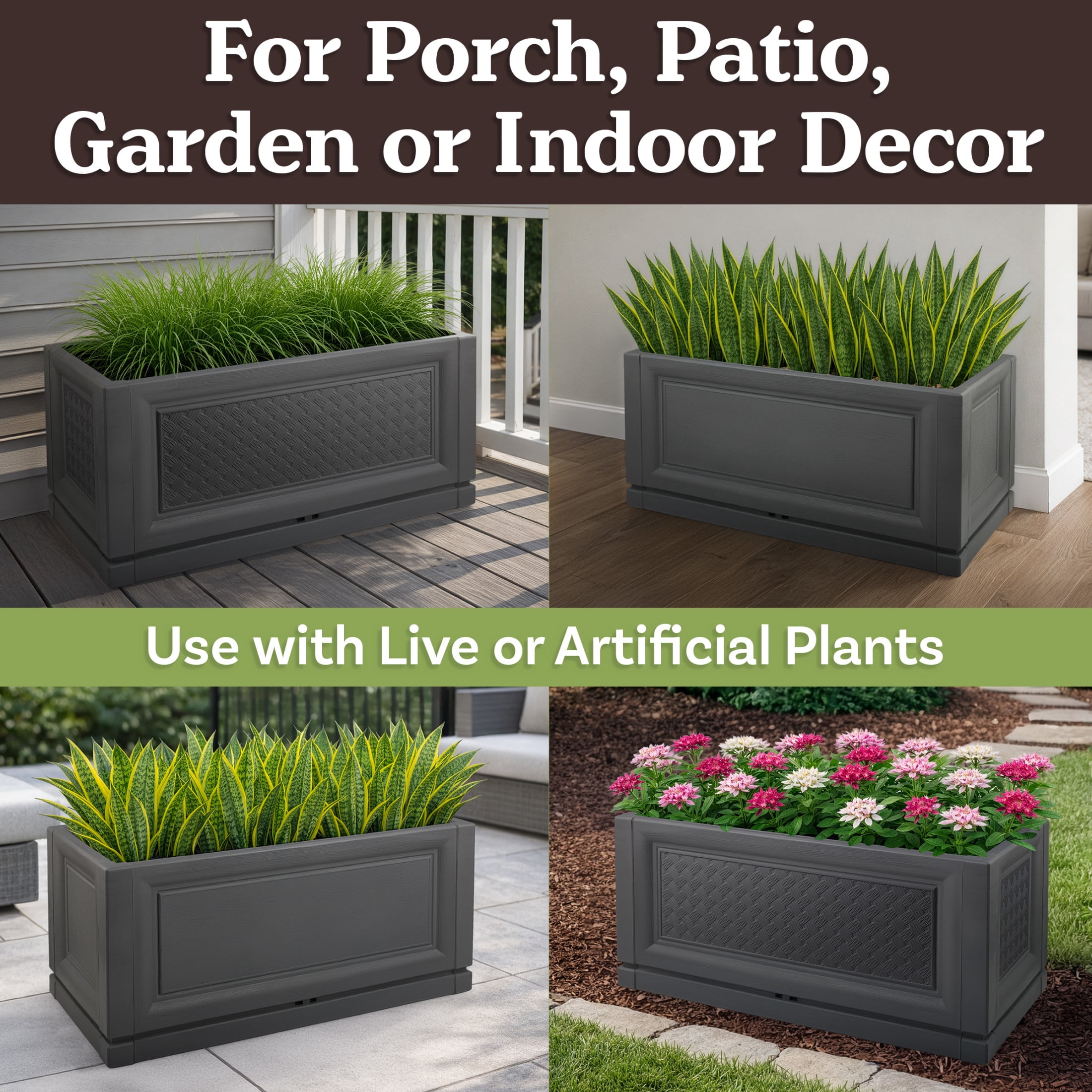 Pure Garden Large Planters for Outdoor Plants 2-Pack - 31.5in Rectangular Long Pots for Plants, Gray