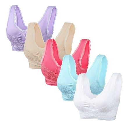 ATOYSOY Wireless Bra for Women 5 Pack  Thin Lightly Lace Splicing Everyday Bra Multi Pack Ruched Athletic Tank Tops Workout Push Up Bralette Bra Underwear Clearance Purple XL
