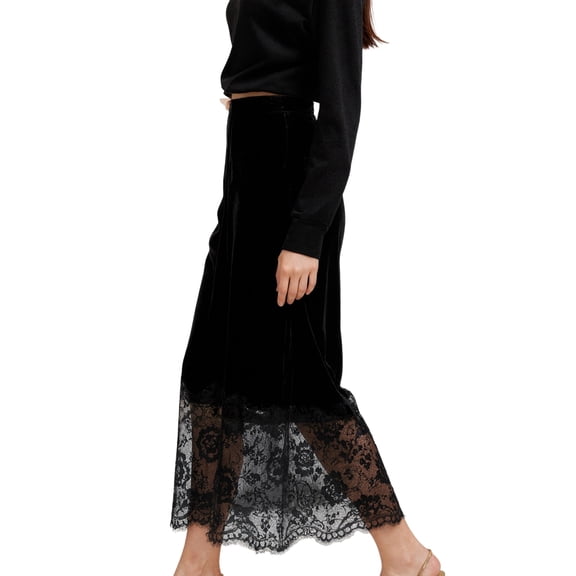 Women Midi Skirt A-Line Skirt with Lace Trim Long Skirt Casual Midi Skirt Black XL