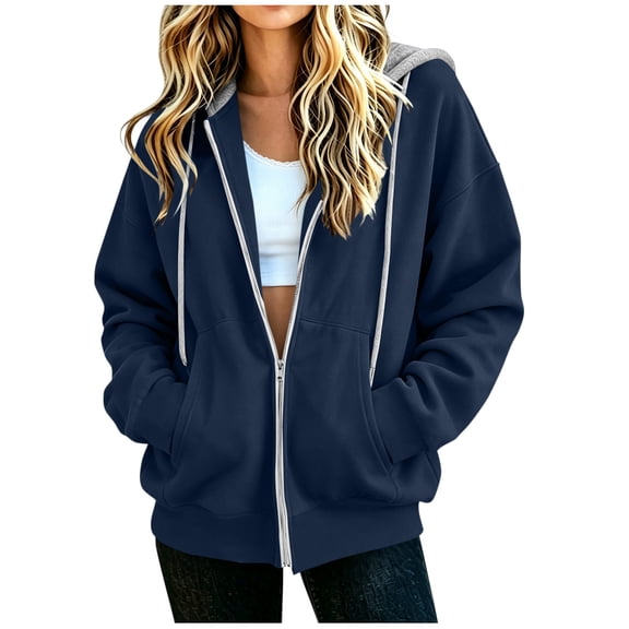 Hurxie Women's Zip Up Y2K Hoodies Casual Long Sleeve Sweatshirts Fall Winter Track Jackets with Pockets Navy,M