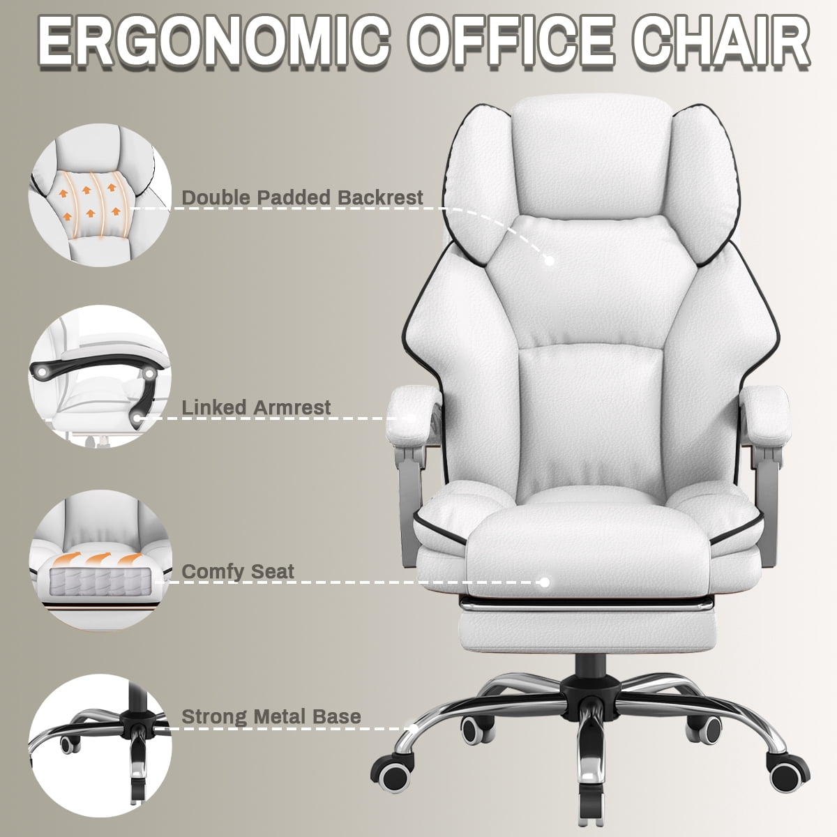 XUEGW Executive Office Chair High Back Computer Gaming Chairs Leather Desk Chair with Foot Rest Ergonomic Swivel Work Chairs,White