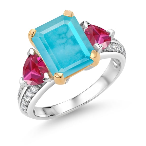Gem Stone King 925 Sterling Silver and 10k Yellow Gold Green Turquoise and Red Created Ruby 3 Stone Engagement Ring for Women (3.35 Cttw, Emerald Cut Cut 10X8MM, Size 8)