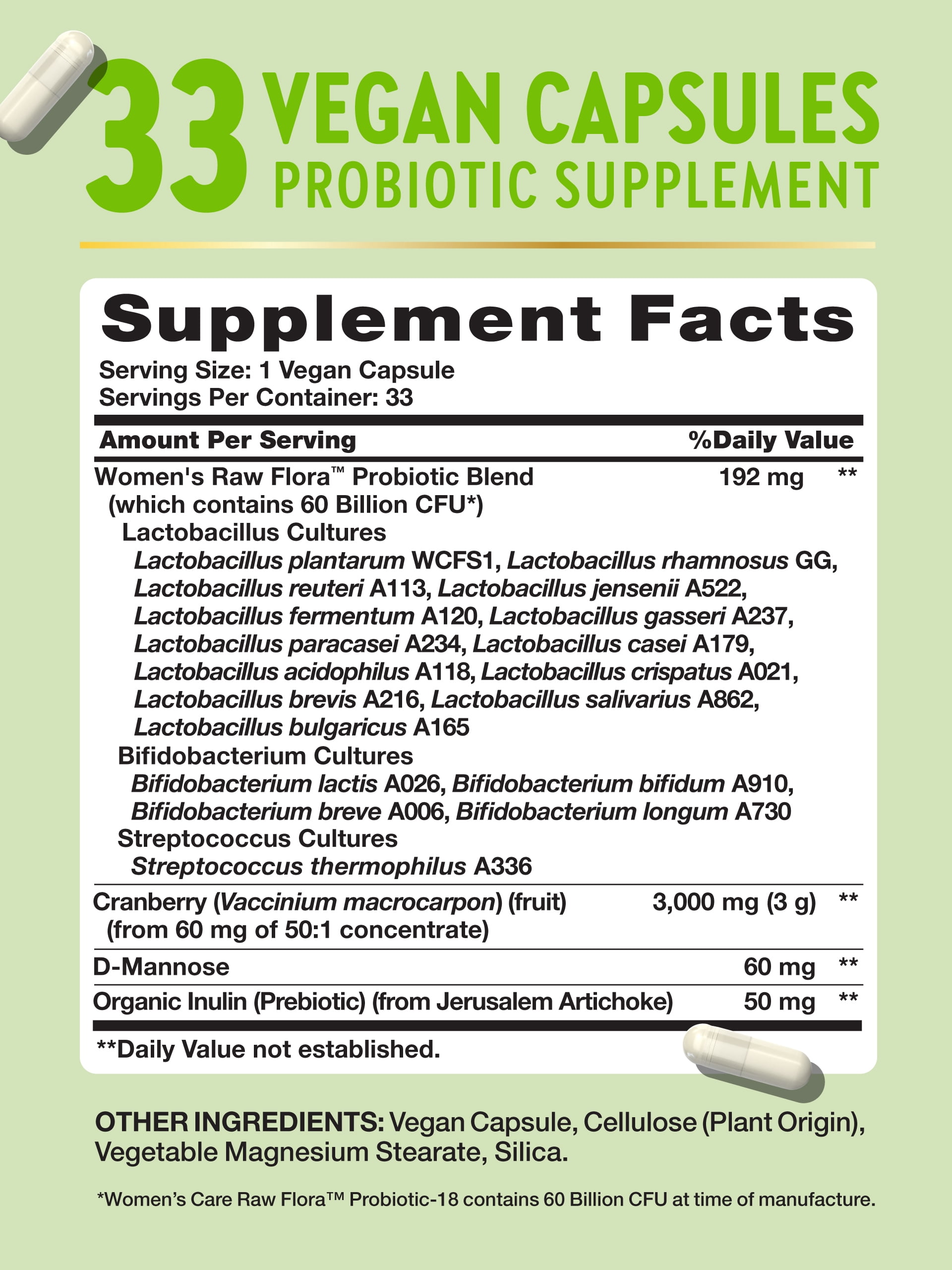 Raw Flora Probiotics for Women | 60 Billion CFU | 33 Capsules | with Cranberry & D-Mannose | by Nature's Truth
