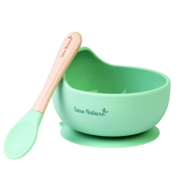 SARO "Nordic Wave" Silicone Baby Feeding Set - Hunter Mint: Suction Bowl & Wooden Spoon for Self-Feeding