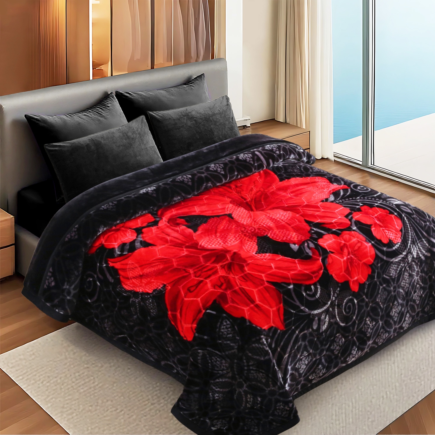 10lbs Heavy Thick A&B Pattern Blanket 2Ply Reversible - Thick Warm Plush Korean Style Bed Blanket, King Size Fleece Plush Blanket, Soft Winter Blanket For Adult 87" x 95", Lilies & Roses