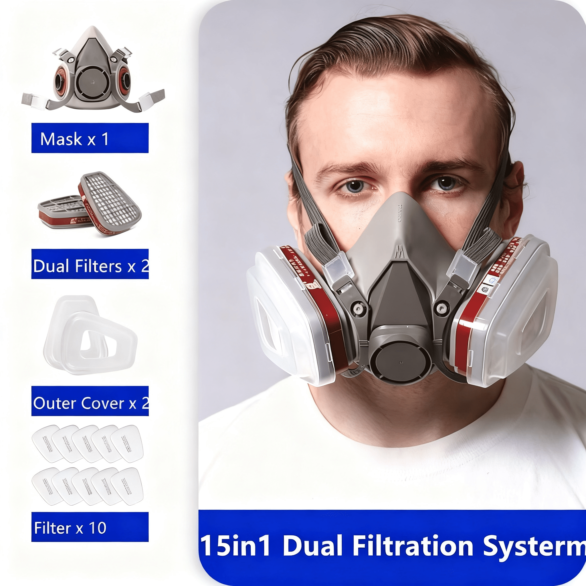 15-in-1 Half Face Mask Reusable Respirator with Organic Vapor Cartridges