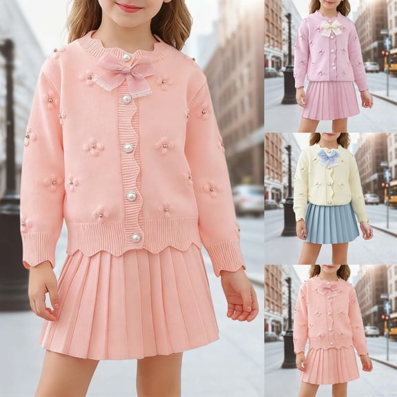 Girls Outfits Bow Cute Cardigan Sweater with Skirt Comfortable 2 Piece Sets for Kids Beige 4-5 Y