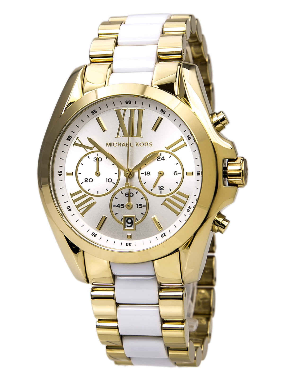 Michael Kors Women's MK5743 Bradshaw White Dial Two Tone Gold Plated Steel  Bracelet Chronograph Watch 