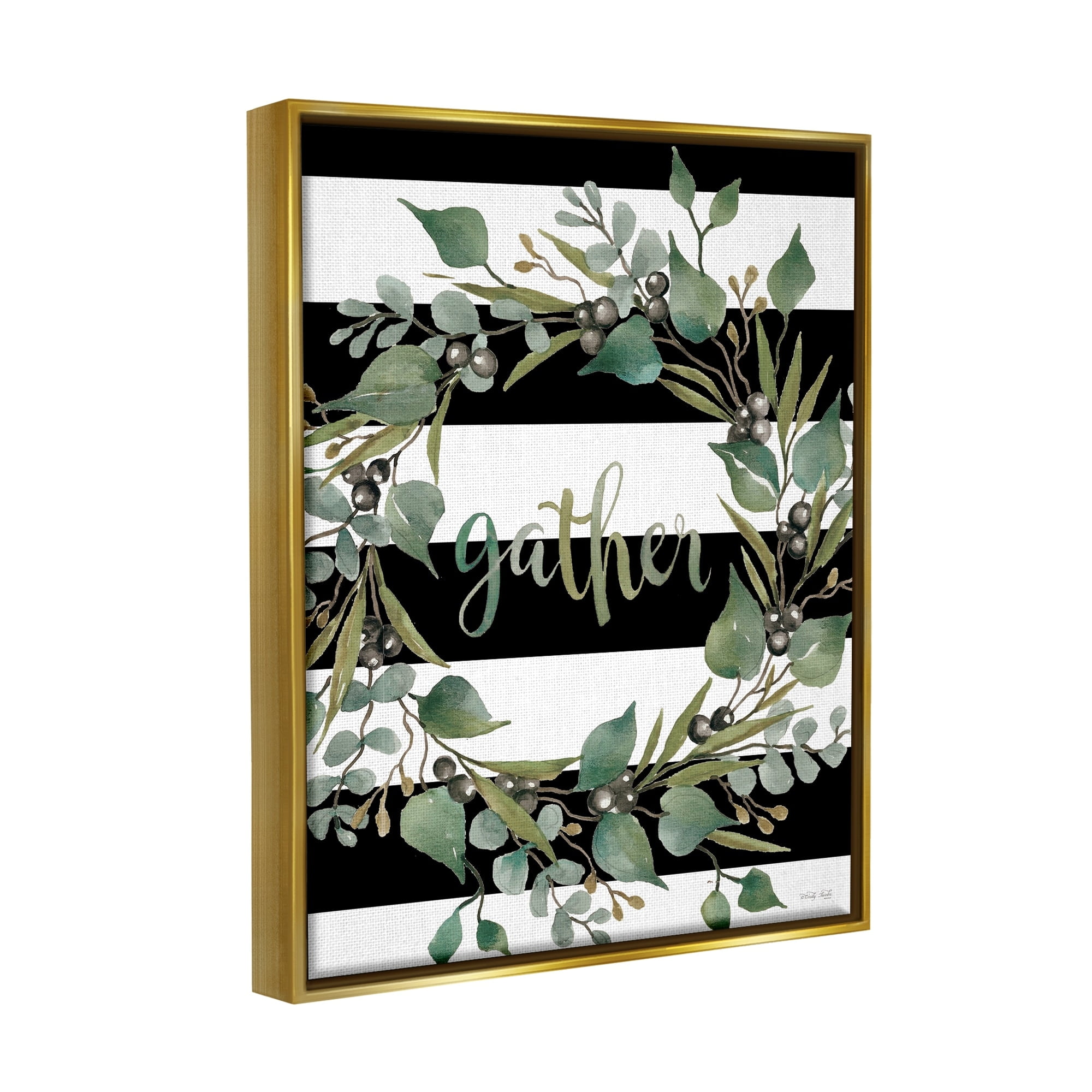 Stupell Industries Gather Calligraphy Stripes Pattern Wreath Botanicals Leaves Graphic Art Metallic Gold Floating Framed Canvas Print Wall Art, Design by Cindy Jacobs