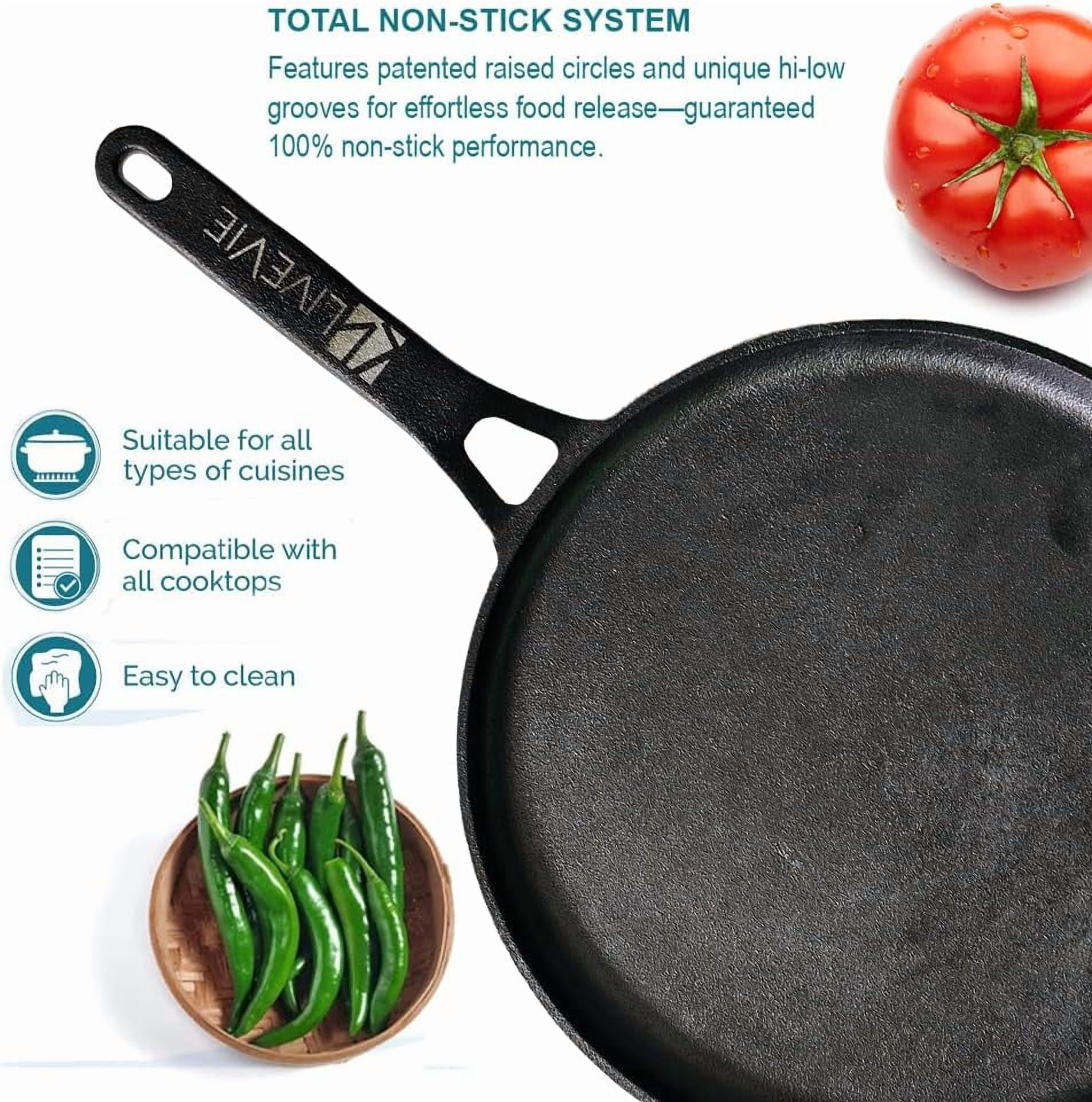 Pre-Seasoned 11 inch Cast Iron Tawa, Heavy-Duty 6.6 lbs Flat Griddle for Pancakes, Roti, Tortillas, Eggs & More, Gas, Open Flame Compatible, 5.5" Handle, Naturally Non-Stick