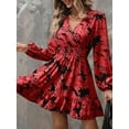 thumbnail image 5 of Women'S Floral Mini Dress Long Sleeve Casual V Neck Chiffon Modest Boho Flowy Fall Wedding Guest Dresses Wine Red S, 5 of 9