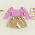 thumbnail image 4 of Toddler Kids Girls 2 Pieces Outfits  Solid Color Knitted Ribbed Puff Long Sleeve Tops + PU Leather Buttons Shorts Set, 4 of 9