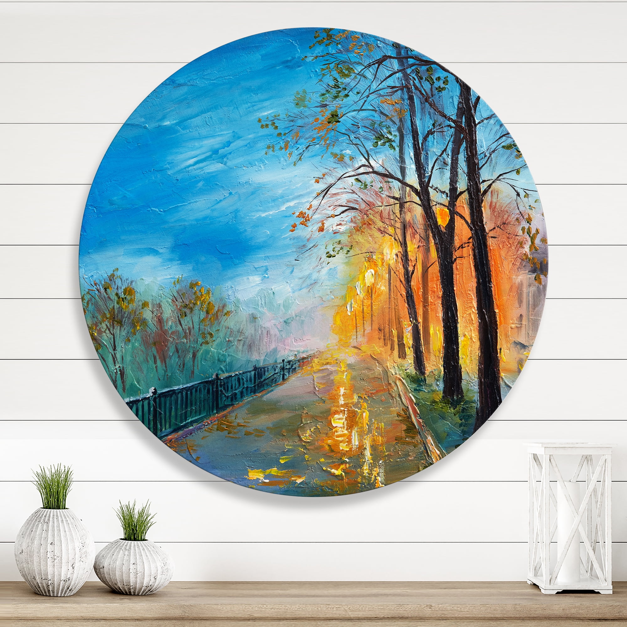 Designart 'Autumn Road in Evening' Traditional Circle Metal Wall Art 11x11 - Disc of 11